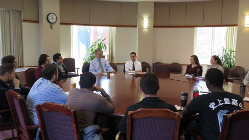 Rutgers Law Students participate in a roundtable with members of a local business at the Intellectual Property Clinic.